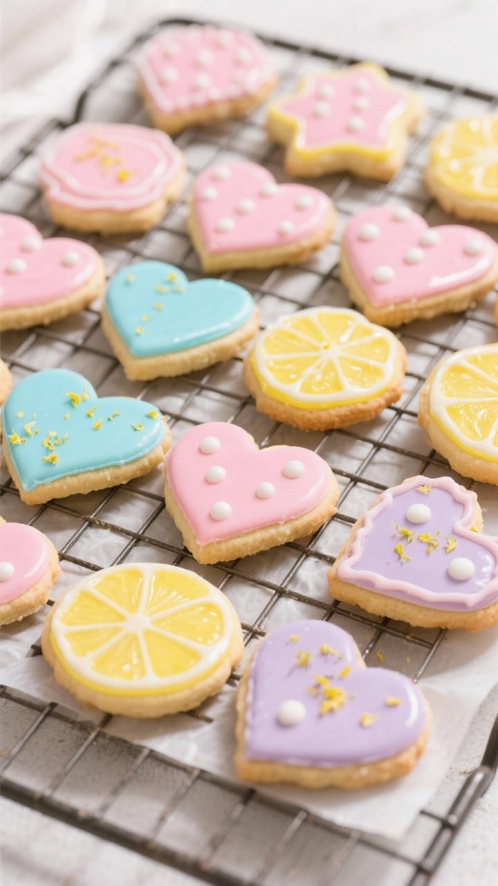 Tasty top view: Overhead shot of a cooling rack filled with fully dried, shiny sugar cookies decorat