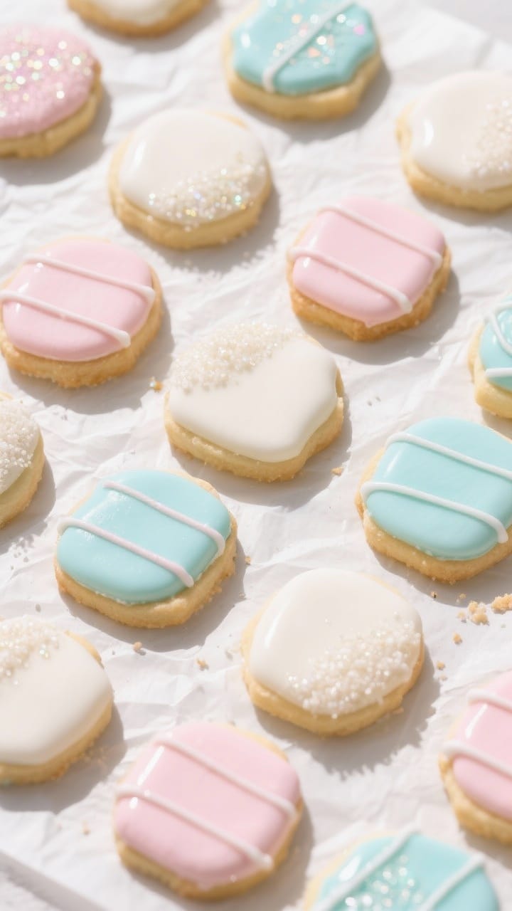 Tasty top view: Overhead shot of decorated sugar cookies with glossy royal icing in pastel colors (v