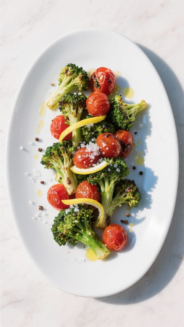 Tasty top view: Overhead shot of roasted broccoli and cherry tomatoes on a wide white platter, final