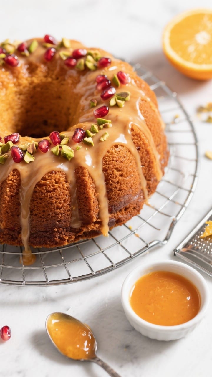 Tasty top view: Overhead shot of the full Bundt cake on a wire rack post-glaze, showcasing the even 