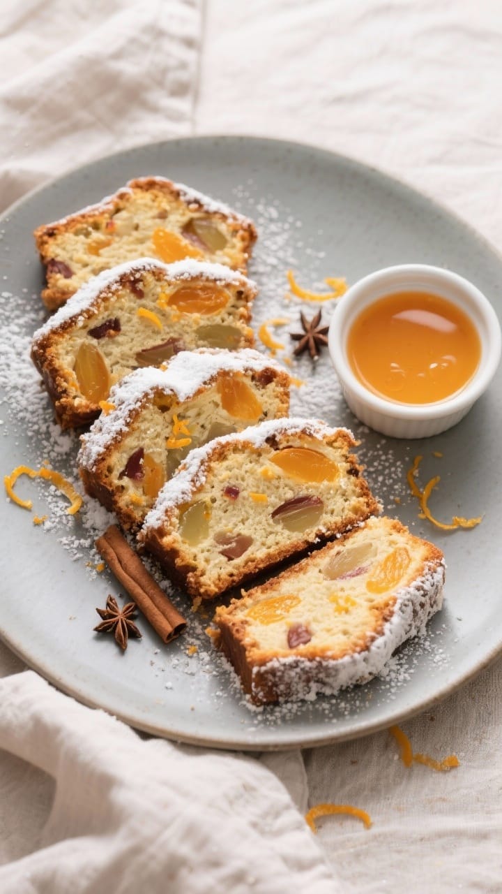 Tasty top view: Sliced, rested German fruit cake arranged on a matte ceramic platter; neat, modest s
