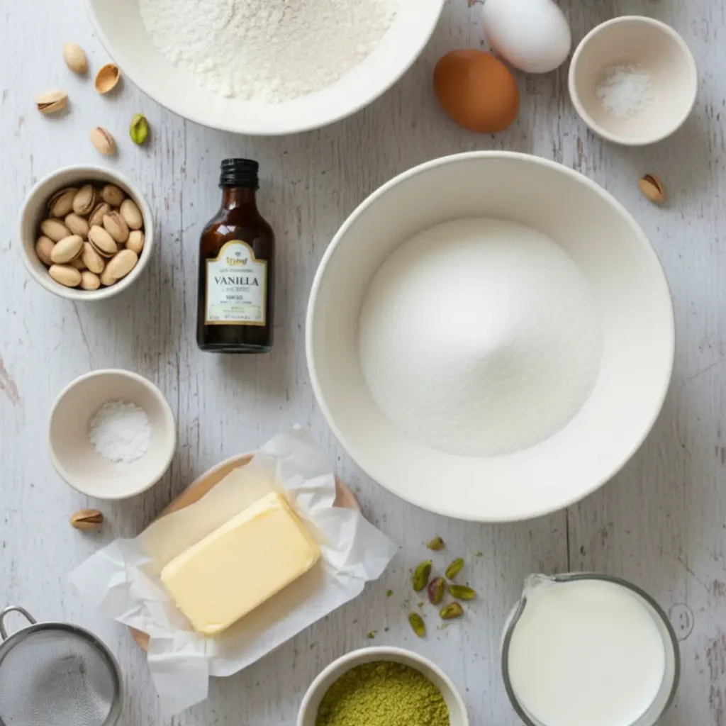 Top-down view of baking ingredients for a pistachio coffee cake recipe, including bowls of flour and sugar, butter, eggs, milk, vanilla extract, and pistachios on a white wooden table. pistachio coffee cake recipe 