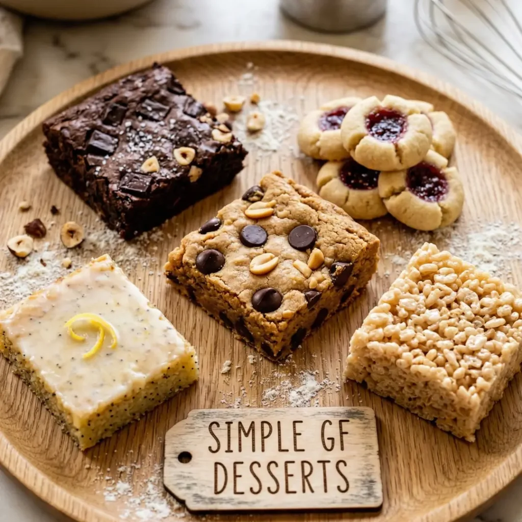 A wooden platter featuring an assortment of simple gluten free desserts, including a brownie, a chocolate chip bar, a lemon bar, a rice crispy treat, and thumbprint cookies.
