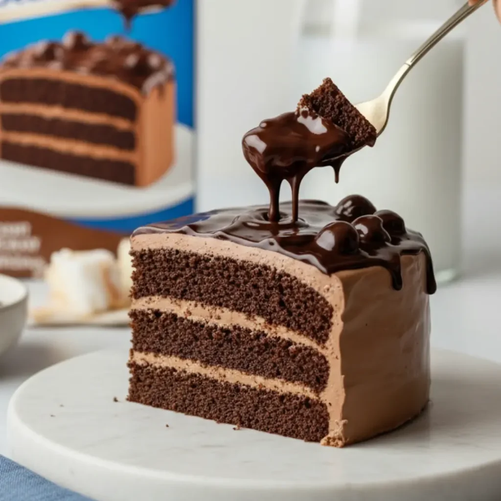 A close-up view of a multi-layer chocolate cake slice on a marble stand, with a golden spoon lifting a bite. Decadent chocolate glaze drips onto the main slice, which has chocolate pieces on top. In the background is a box of Thipe Betkes cake mix and a glass jug of milk, demonstrating a way to make chocolate box cake better.