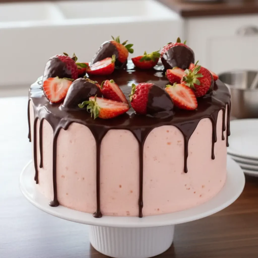 A round chocolate cake with chocolate strawberries on top, featuring smooth pink buttercream frosting and a glossy dark chocolate drip, displayed on a white cake stand.