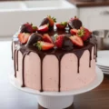 A round chocolate cake with chocolate strawberries on top, featuring smooth pink buttercream frosting and a glossy dark chocolate drip, displayed on a white cake stand.