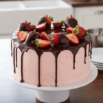 A round chocolate cake with chocolate strawberries on top, featuring smooth pink buttercream frosting and a glossy dark chocolate drip, displayed on a white cake stand.