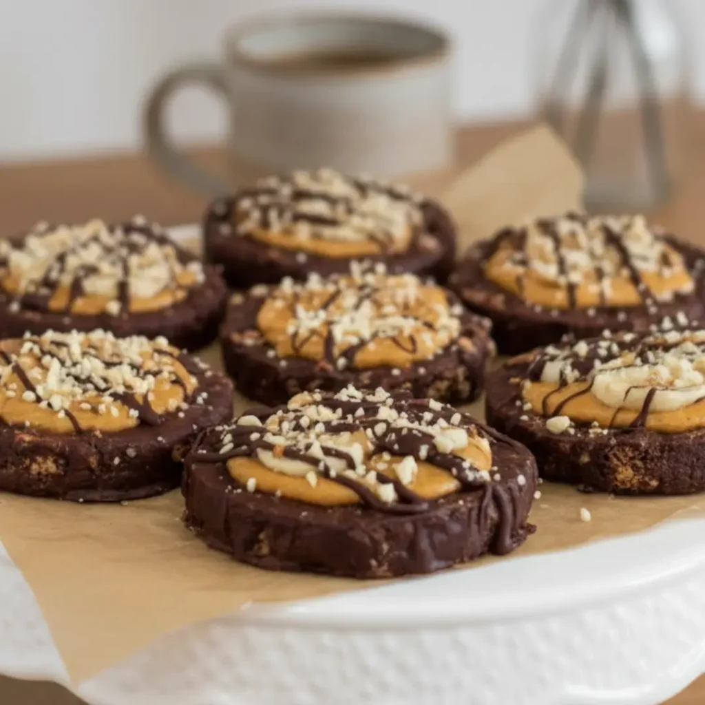 A white cake stand displaying several homemade chocolate rice cakes topped with peanut butter, a dark chocolate drizzle, and chopped nuts.