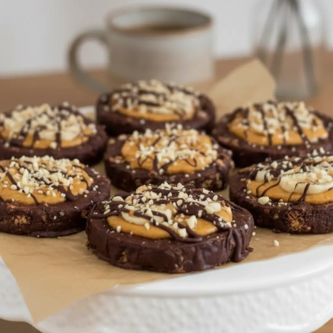 A white cake stand displaying several homemade chocolate rice cakes topped with peanut butter, a dark chocolate drizzle, and chopped nuts.