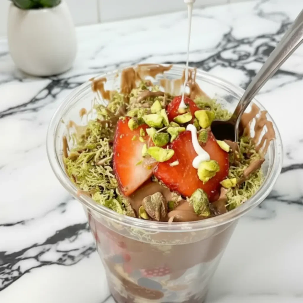 Close-up of a decadent dubai chocolate strawberry cup topped with crispy green kataifi dough, fresh strawberries, crushed pistachios, and a white cream drizzle.