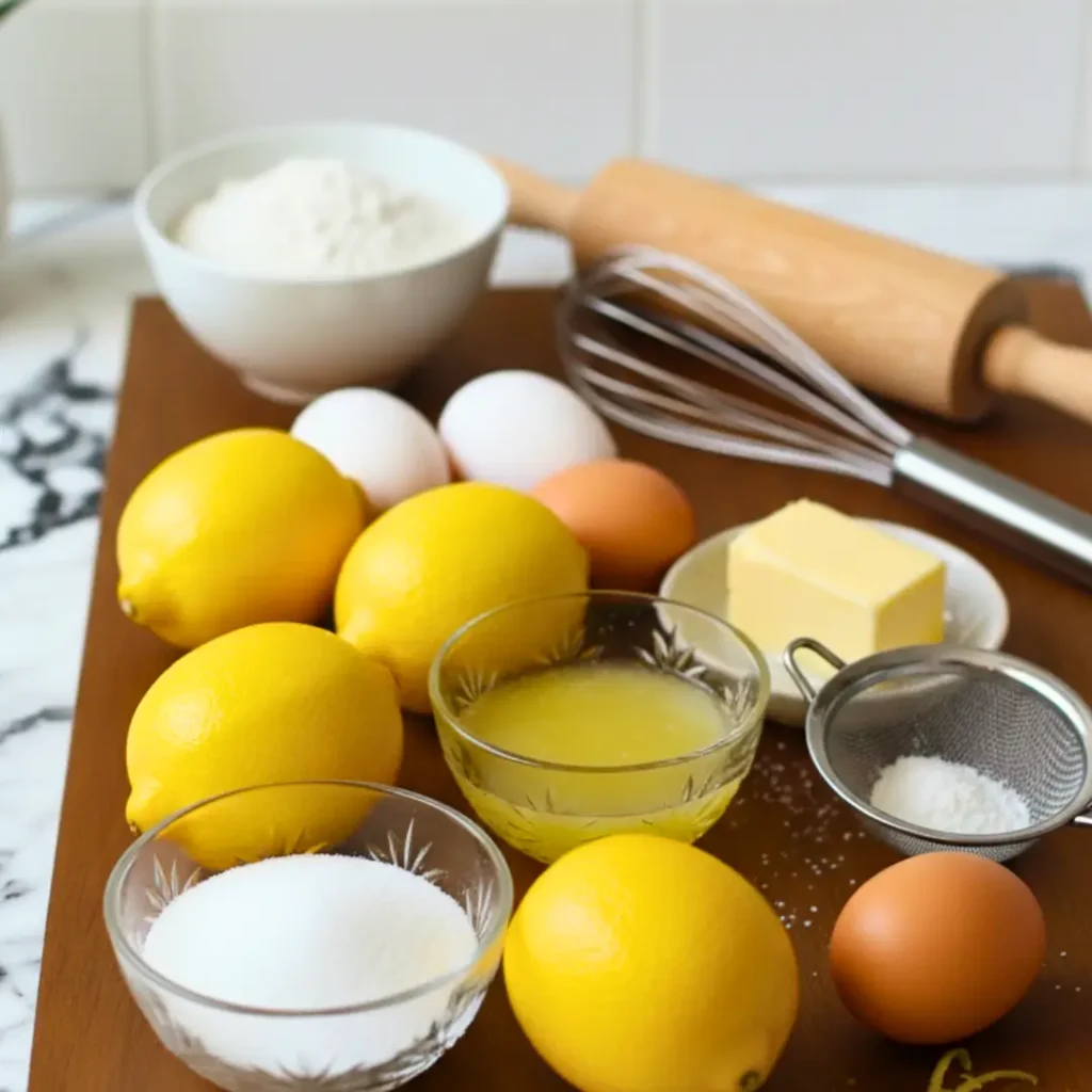Fresh ingredients for baking Baby Lemon Impossible Pies, including lemons, eggs, sugar, butter, and flour on a wooden cutting board.