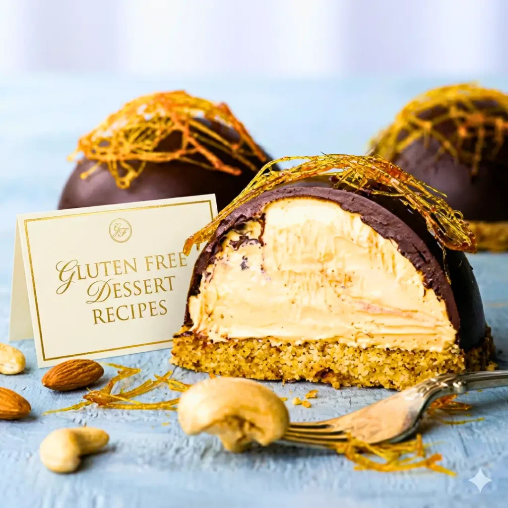 A sliced chocolate-covered dome pastry with a creamy filling and spun sugar garnish, sitting next to a card reading gluten free dessert recipes.