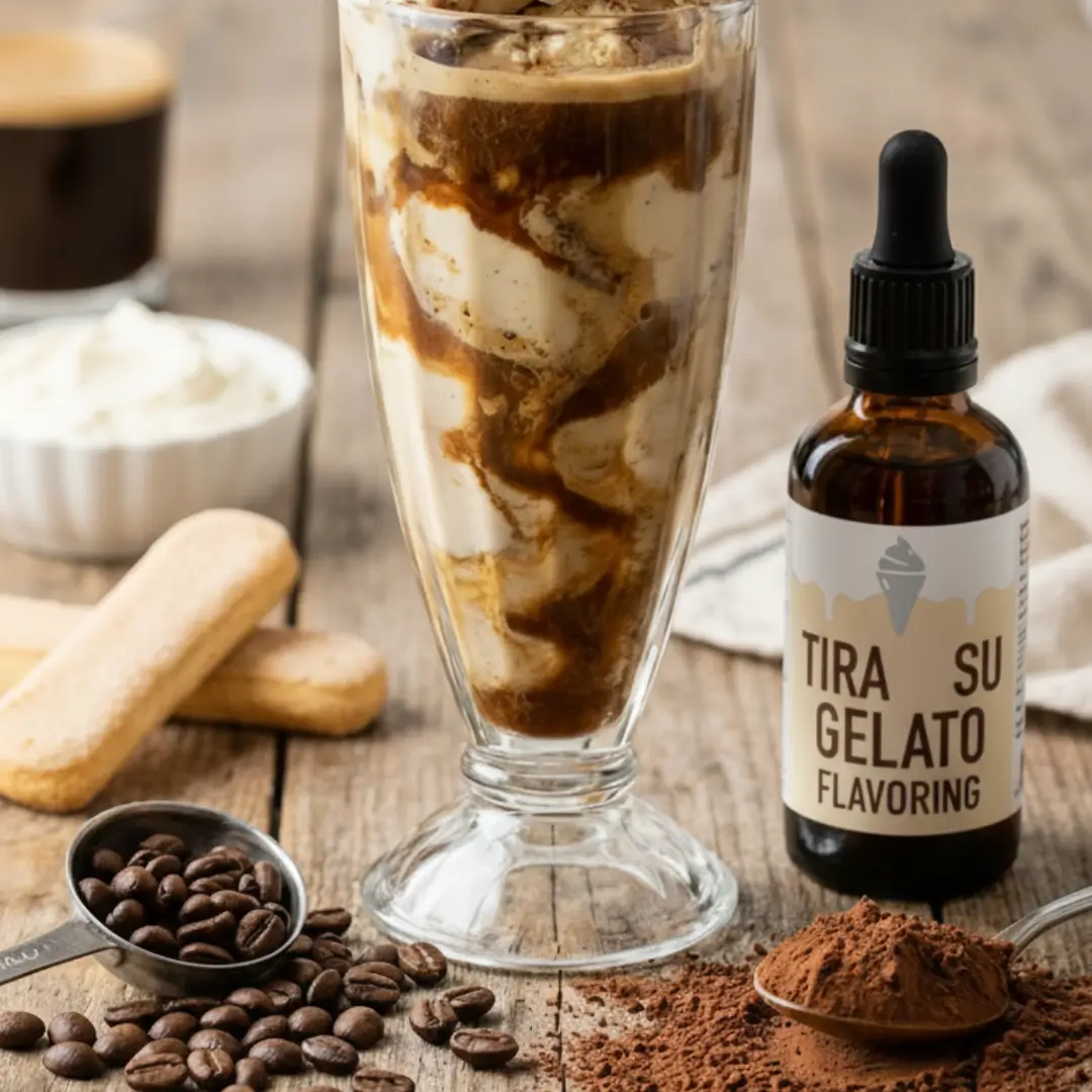 A tall glass filled with scoops of gelato swirled with dark espresso and dusted with cocoa powder, with two spoons dipping into the top, surrounded by coffee beans and ladyfingers.Cinnamon Roll Skillet Pancakes