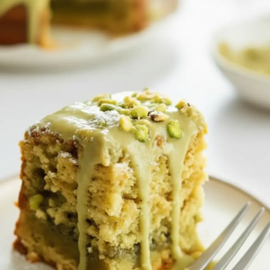 A close-up of a thick slice of pistachio coffee cake topped with a dripping green glaze and chopped pistachios, resting on a small plate with a fork next to it.pistachio coffee cake recipe