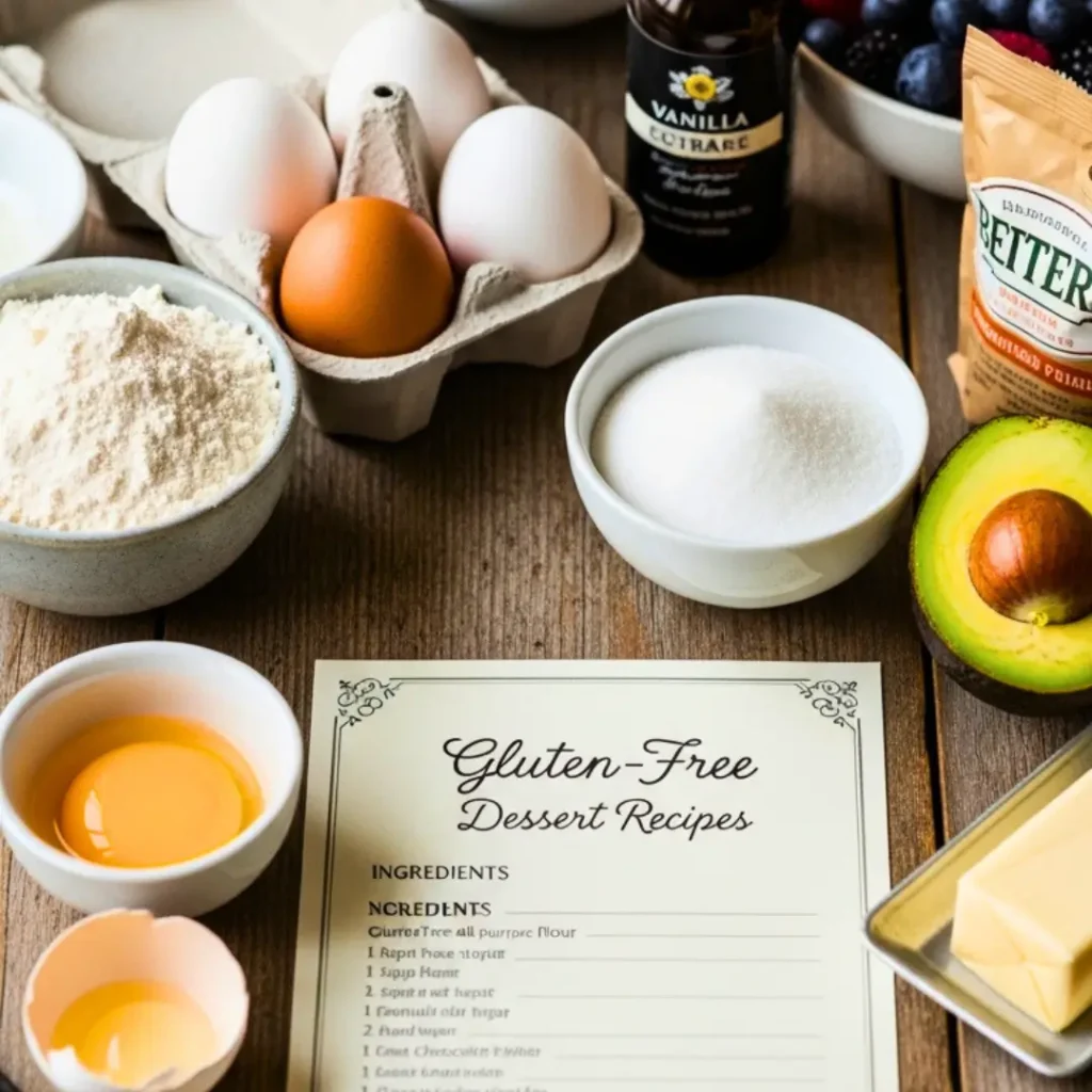 A wooden table covered with baking ingredients like eggs, flour, berries, and butter, centered around a recipe card titled gluten-free dessert recipes.