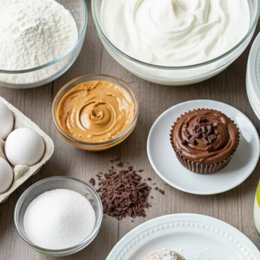 Baking ingredients like peanut butter, sugar, eggs, and gluten-free flour laid out to make simple gluten free desserts, alongside a finished chocolate cupcake.