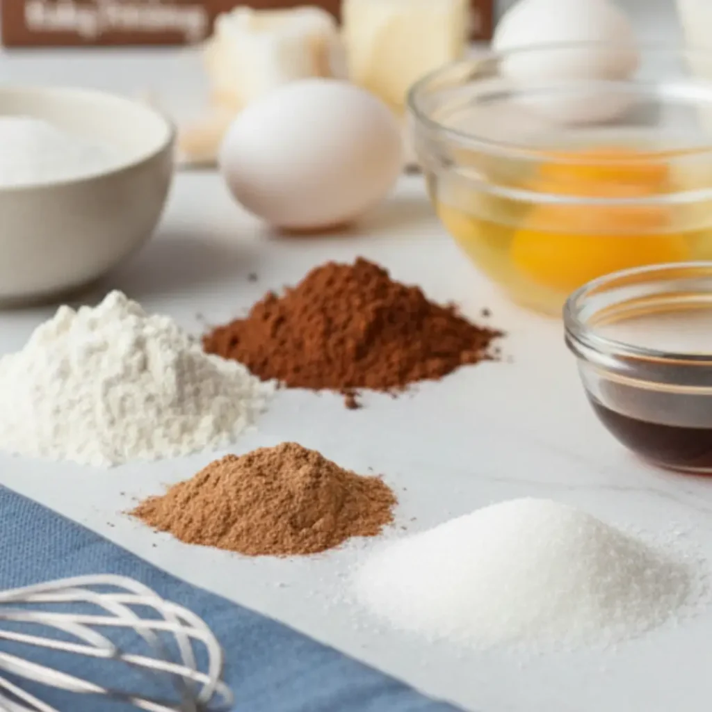 An overhead photograph of a variety of high-quality ingredients spread out on a marble surface for baking, including flour, cocoa powder, ground cinnamon, eggs, butter, and milk, alongside a box of Thipe Betkes cake mix. This mise-en-place is the first step in how to make chocolate box cake better.