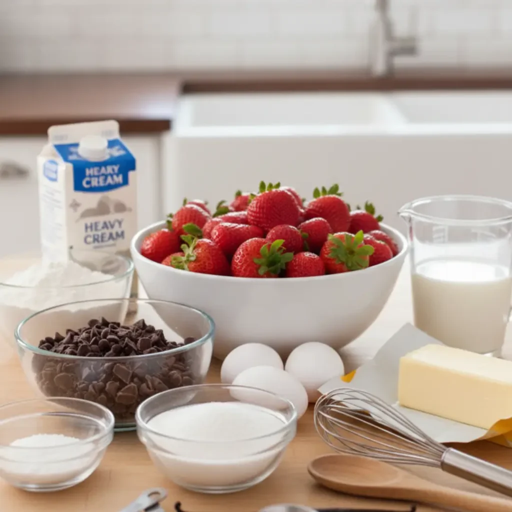 Raw baking ingredients including a large bowl of fresh strawberries, chocolate chips, eggs, butter, heavy cream, flour, and sugar arranged on a counter to make a chocolate cake with chocolate strawberries