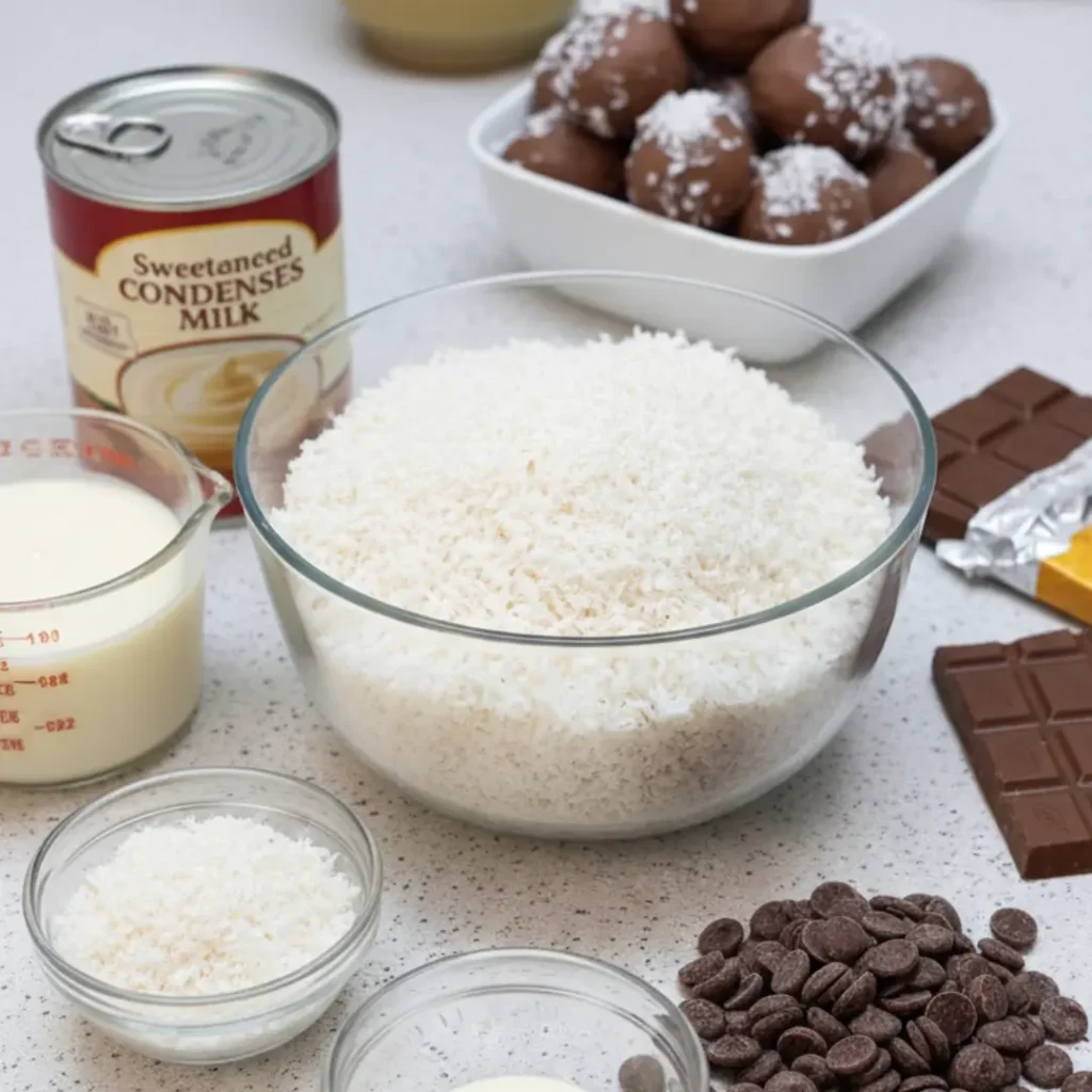 A kitchen counter displaying the ingredients to make coconut truffles, including a large glass bowl of shredded coconut, a can of sweetened condensed milk, and chocolate chips, with the finished Bounty balls in the background. Bounty Balls with 3 ingredients 