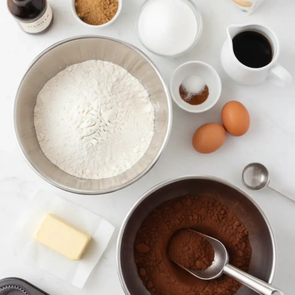 Overhead flat lay of raw baking ingredients for decadent chocolate strawberry cupcakes, including bowls of flour and cocoa powder, butter, eggs, and sugar on a white marble countertop.