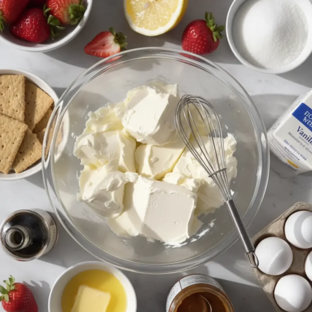 Flat lay of baking ingredients including cream cheese, a fresh lemon, butter, and graham crackers, perfect for preparing a 5 ingredient no bake lemon tart or cheesecake.