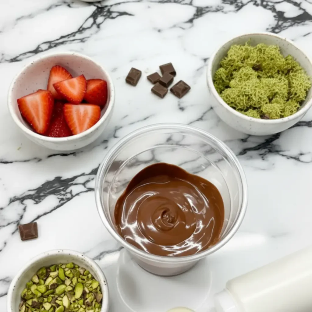 Ingredients for a dubai chocolate strawberry cup including melted chocolate in a clear cup, fresh sliced strawberries, chopped pistachios, and green shredded crispy dough on a marble surface.