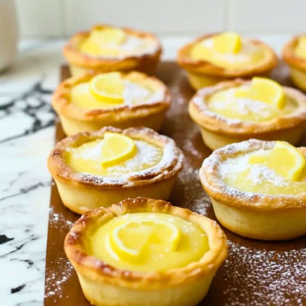 A batch of finished Baby Lemon Impossible Pies dusted with powdered sugar and topped with fresh lemon slices on a wooden board.