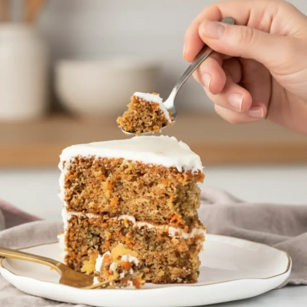A high-angle, close-up shot of a slice of two-layer carrot cake. The texture of the cake shows visible shredded carrots and nuts. A hand enters from the top right, holding a spoon that is lifting a piece of the cake upwards. A gold fork rests on the white plate, and a beige kitchen counter with utensils is blurred in the background.