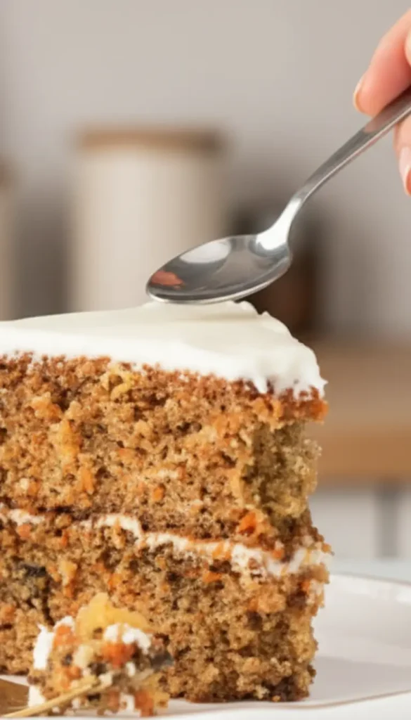 A silver spoon resting on the white cream cheese frosting of a layered carrot cake slice on a white plate.