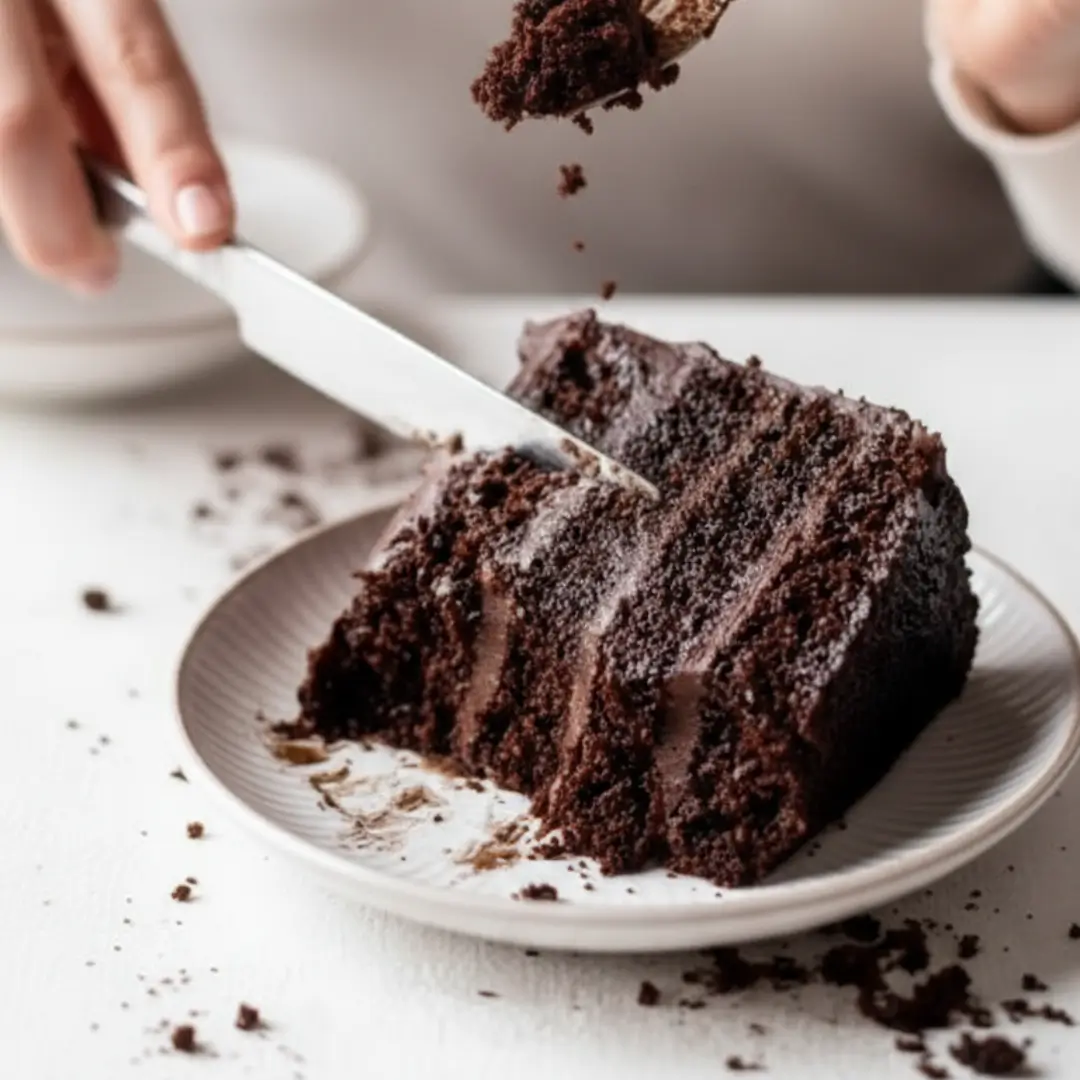 A person using a silver fork to lift a bite of moist Chocolate Espresso Cake, showing the soft crumb texture and dark Easy Chocolate Espresso Cake frosting.