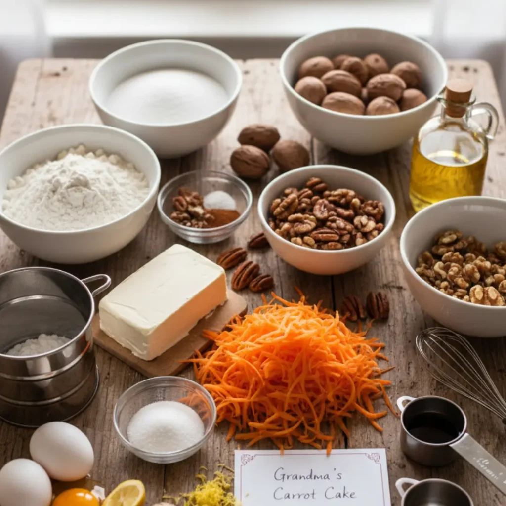 A rustic layout of grandma's carrot cake ingredients including freshly grated carrots, flour, eggs, butter, walnuts, and a handwritten recipe card on a wooden table. Best Keto carrot cake