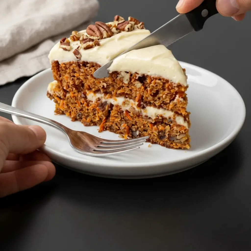 Cutting a slice of layered homemade carrot cake with thick cream cheese frosting and chopped pecans on a white dessert plate. Best Keto carrot cake