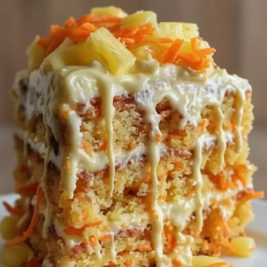 A close-up shot of a square slice of three-layered carrot cake featuring pineapple chunks and shredded carrots on top, with a cream glaze dripping down the sides.