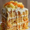 A close-up shot of a square slice of three-layered carrot cake featuring pineapple chunks and shredded carrots on top, with a cream glaze dripping down the sides.