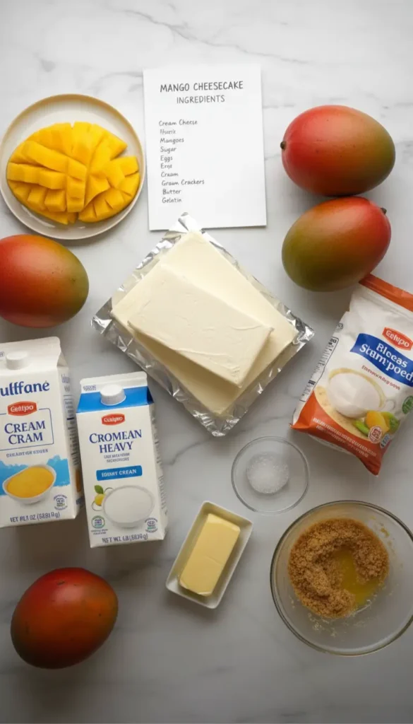 Flat lay composition of baking ingredients including fresh mangoes, cream cheese blocks, heavy cream, butter, and a recipe card on a marble table. No-Bake Mango Cheesecake