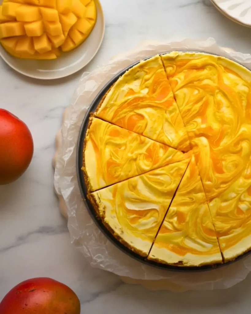 Overhead View of Sliced No-Bake Mango Cheesecake