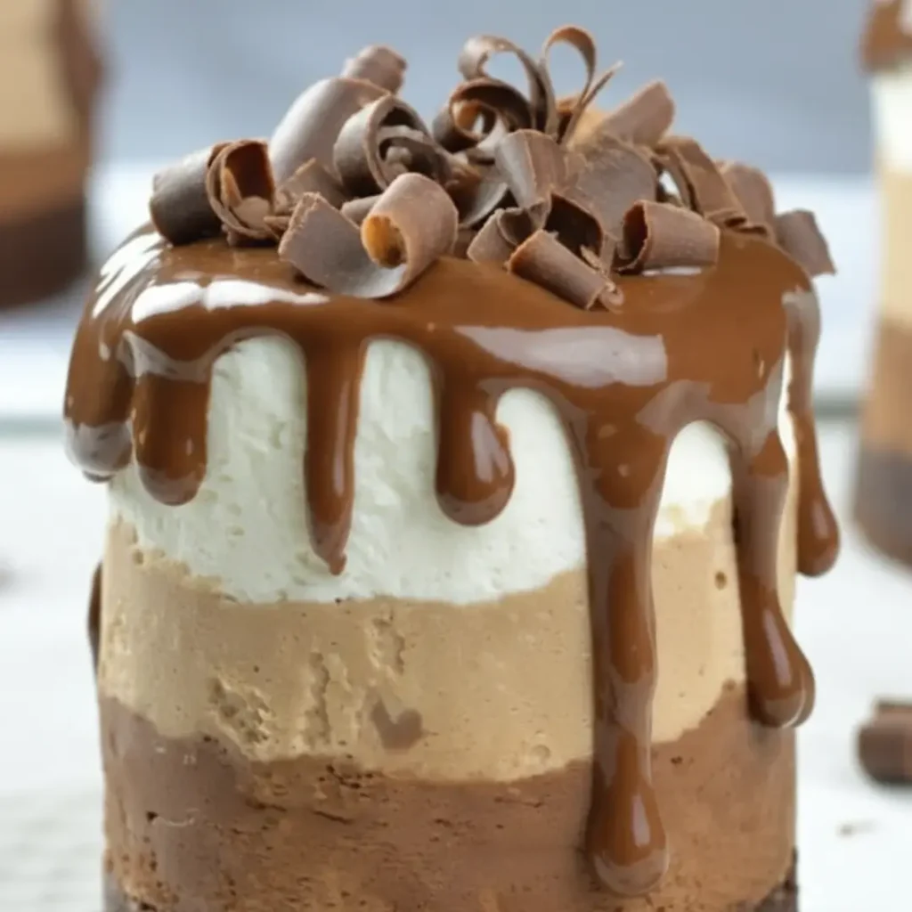 Close-up of a layered Mini Triple Chocolate Mousse Cake featuring dark, milk, and white chocolate layers, topped with a ganache drip and chocolate curls.