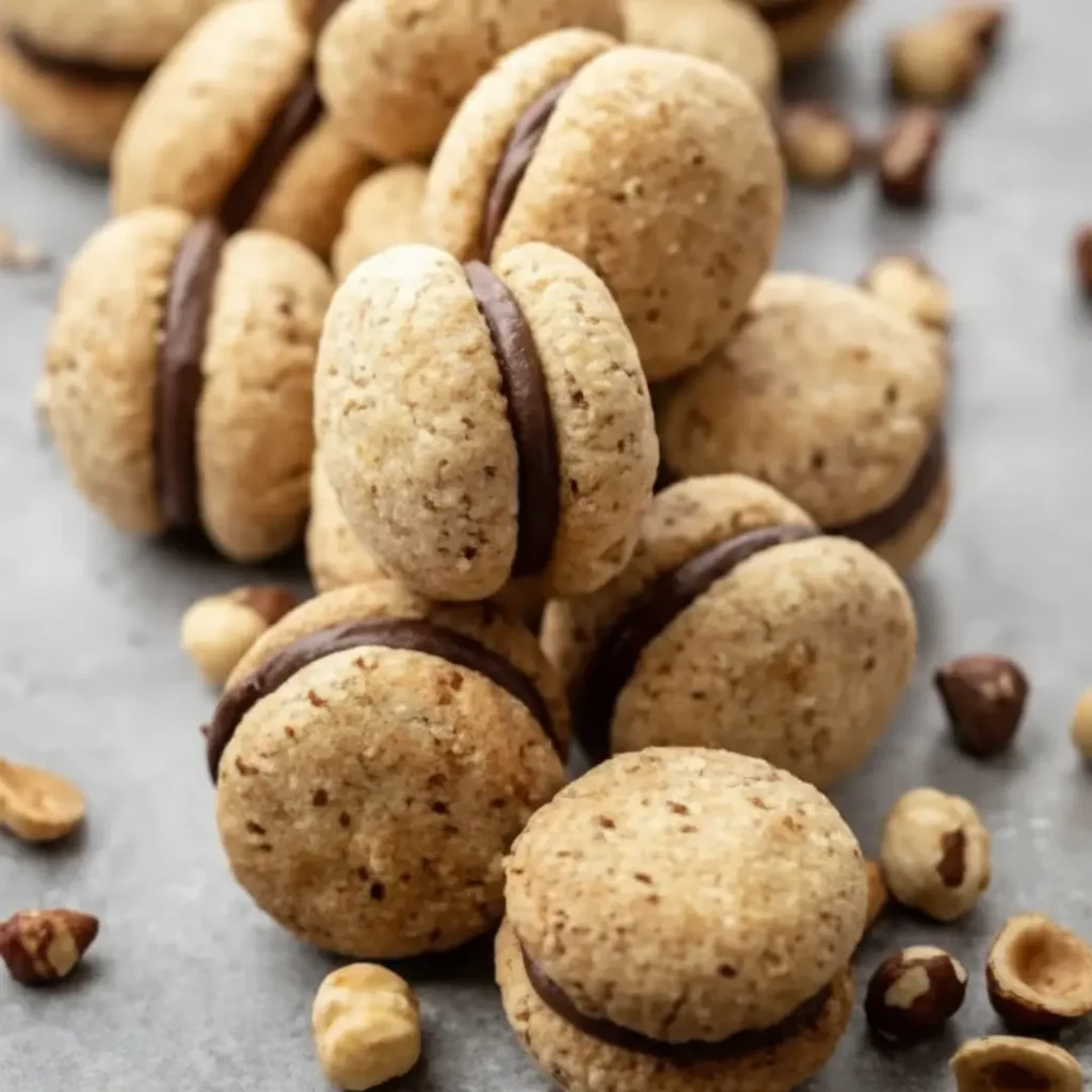 A close-up view of freshly baked Baci di Dama cookies filled with dark chocolate, surrounded by scattered toasted hazelnuts on a grey surface.
