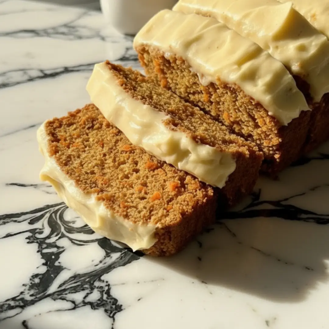 Close up of sliced Cinnamon Roll Carrot Cake Bread topped with thick, swirled cream cheese frosting on a white marble countertop.