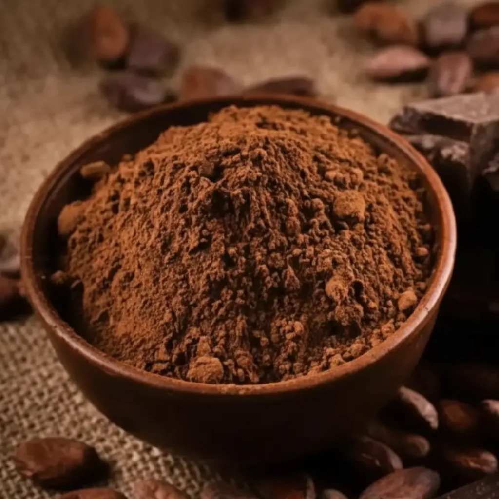 A rustic brown bowl overflowing with rich natural cocoa powder, surrounded by raw cacao beans on a textured burlap surface.