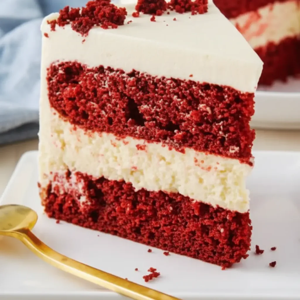 Slice of Layered Red Velvet Cheesecake