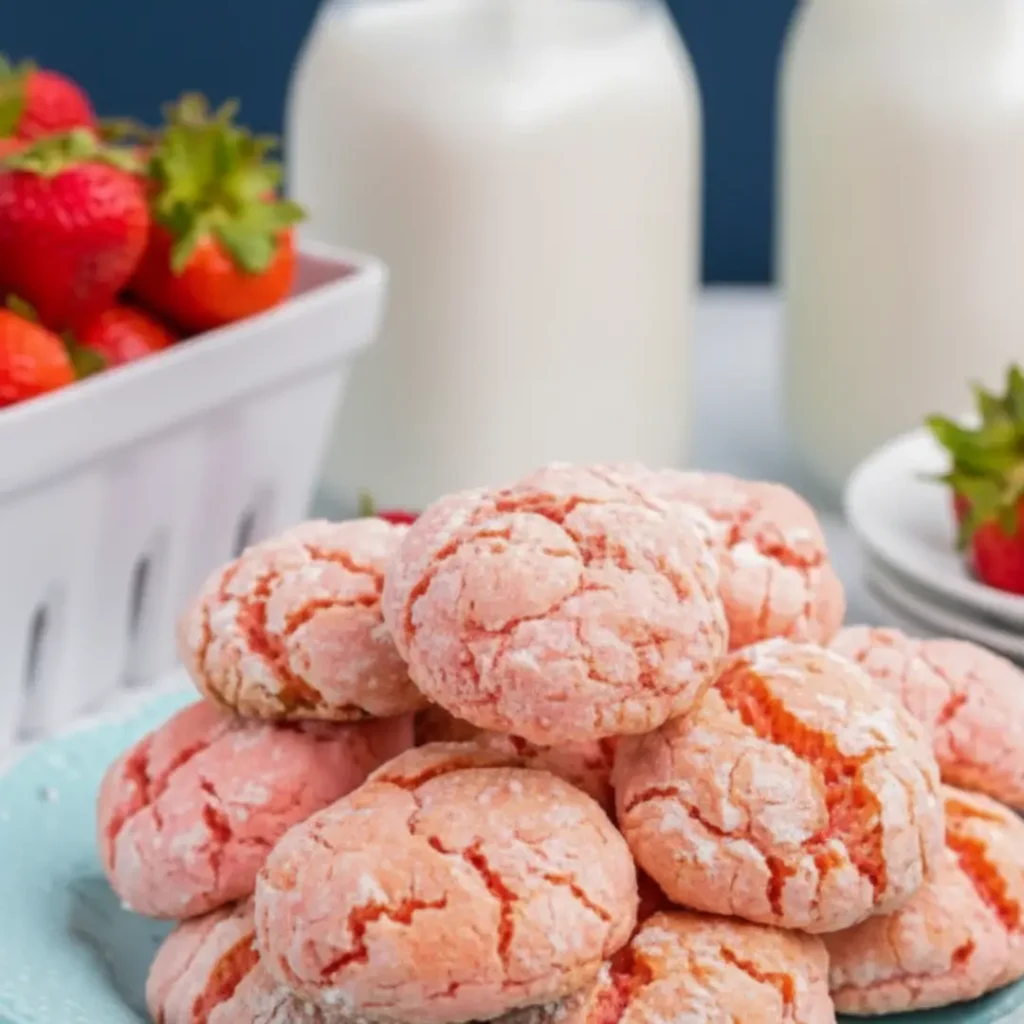 A stack of freshly baked, pink strawberry cake cookies with a powdered sugar crinkle finish, sitting on a light blue plate next to a basket of fresh strawberries.