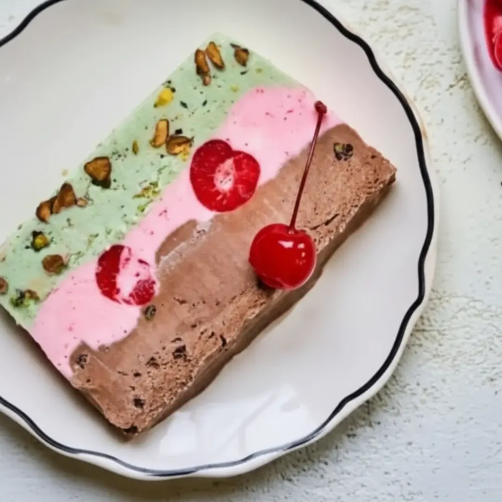 A slice of classic spumoni ice cream showing distinct layers of pistachio, cherry, and chocolate on a plate.