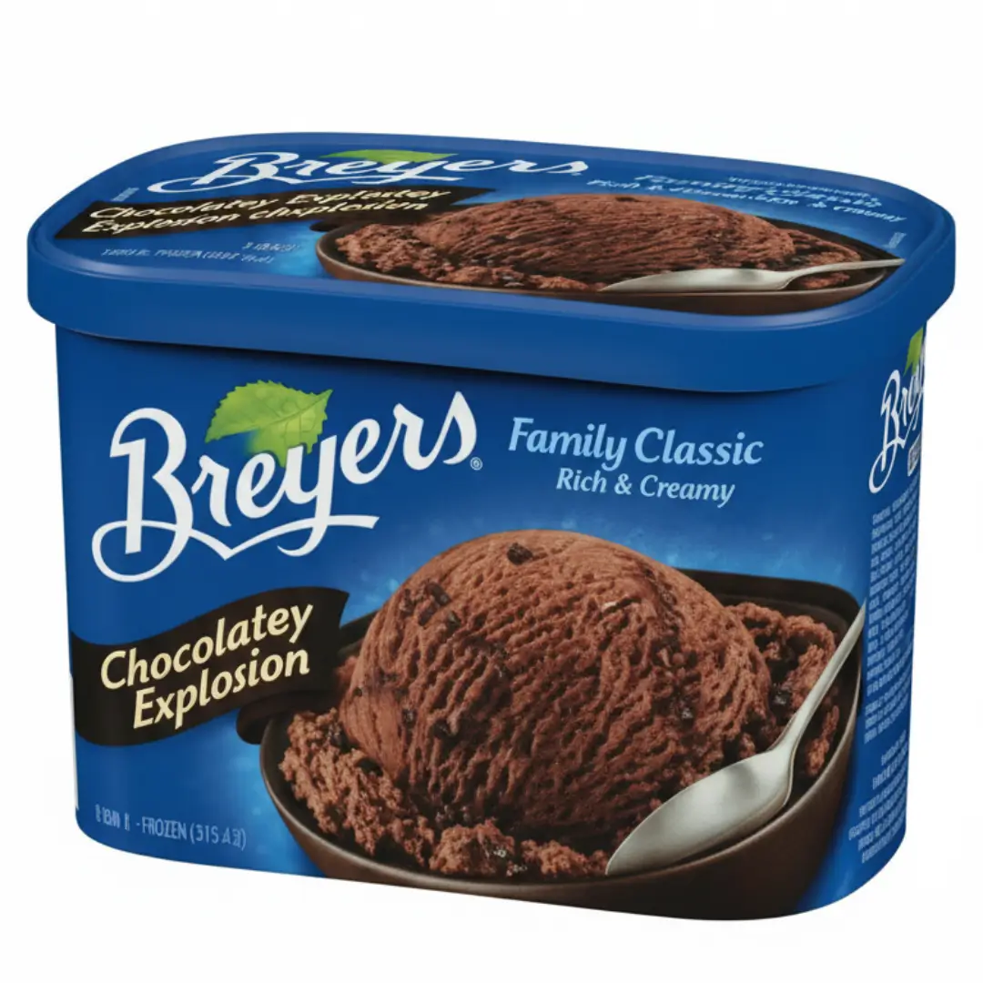 A closed tub of Family Classic Chocolatey Explosion Breyers chocolate ice cream on a white background.