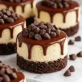 Close up of decadent Brownie Bottom Mini-Cheesecakes topped with dripping chocolate ganache and chocolate chips.