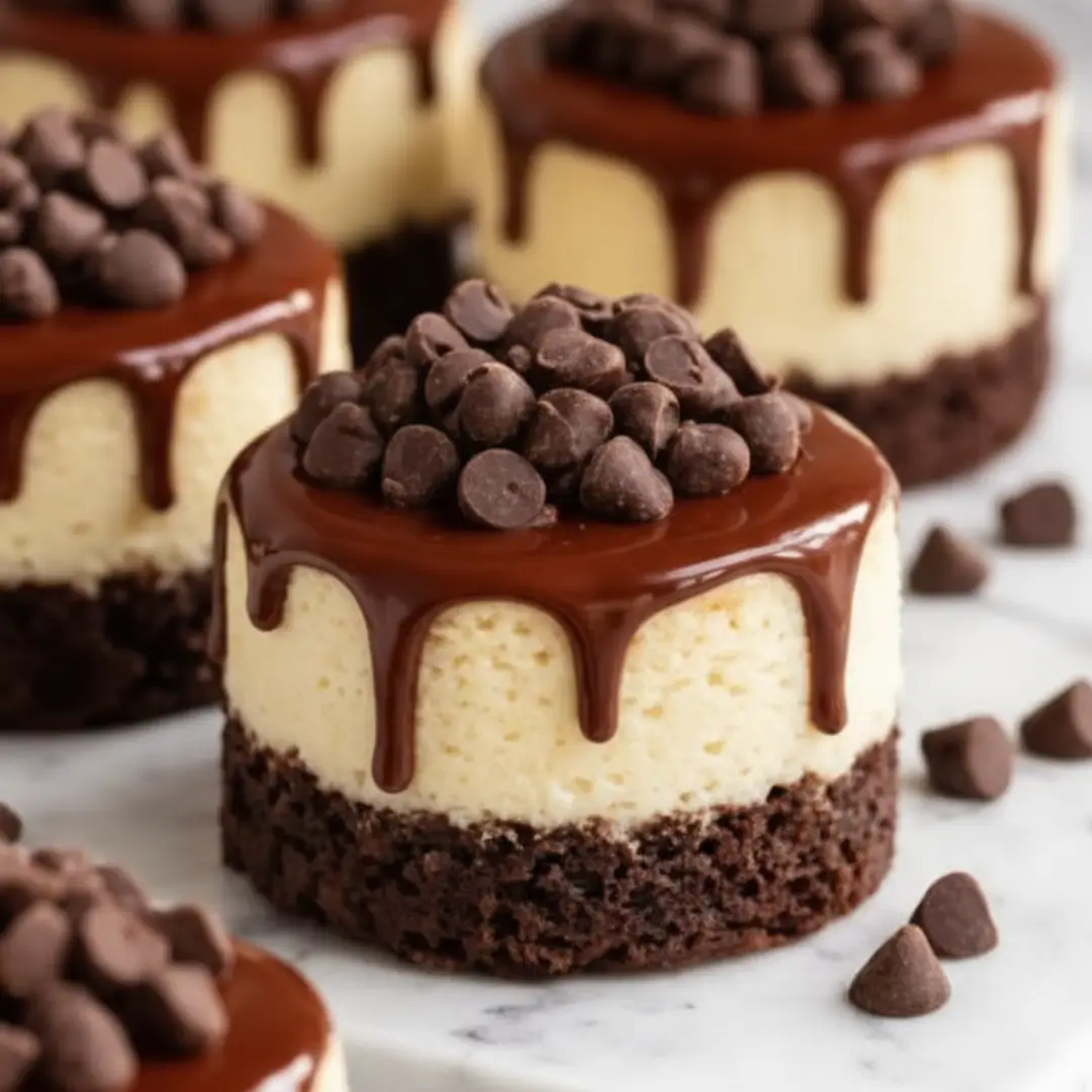 Close up of decadent Brownie Bottom Mini-Cheesecakes topped with dripping chocolate ganache and chocolate chips.