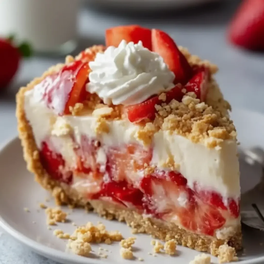 A close-up slice of no-bake strawberry cheesecake featuring a thick strawberry filling, creamy white layer, and graham cracker crust on a white plate.