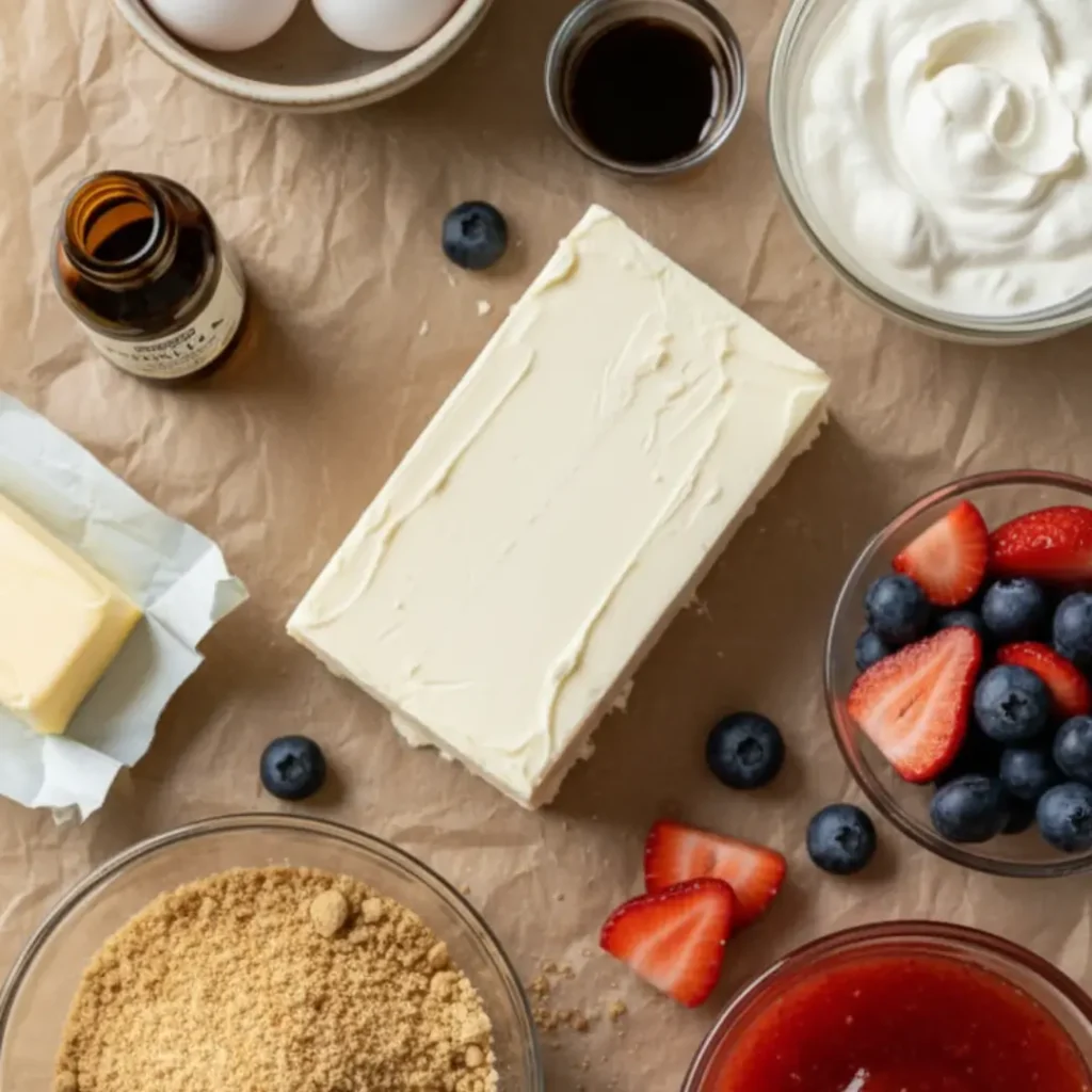 Ingredients for 15 minute mini cheesecakes including a block of cream cheese, graham cracker crumbs, fresh berries, and vanilla extract.