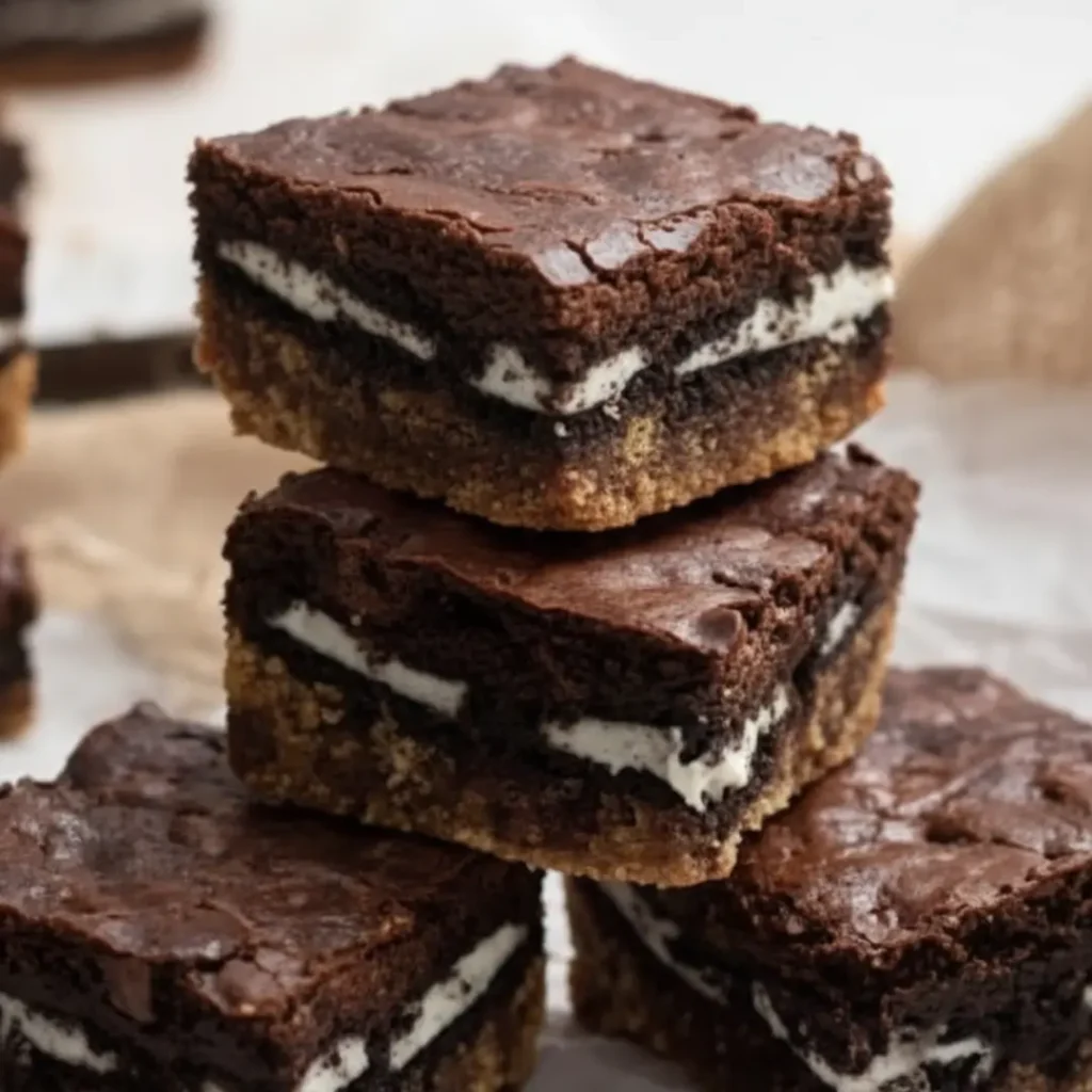 A close-up stack of three layered slutty brownies showing chocolate chip cookie, Oreo, and fudge brownie layers, perfectly baked for those wondering how long to cook slutty brownies