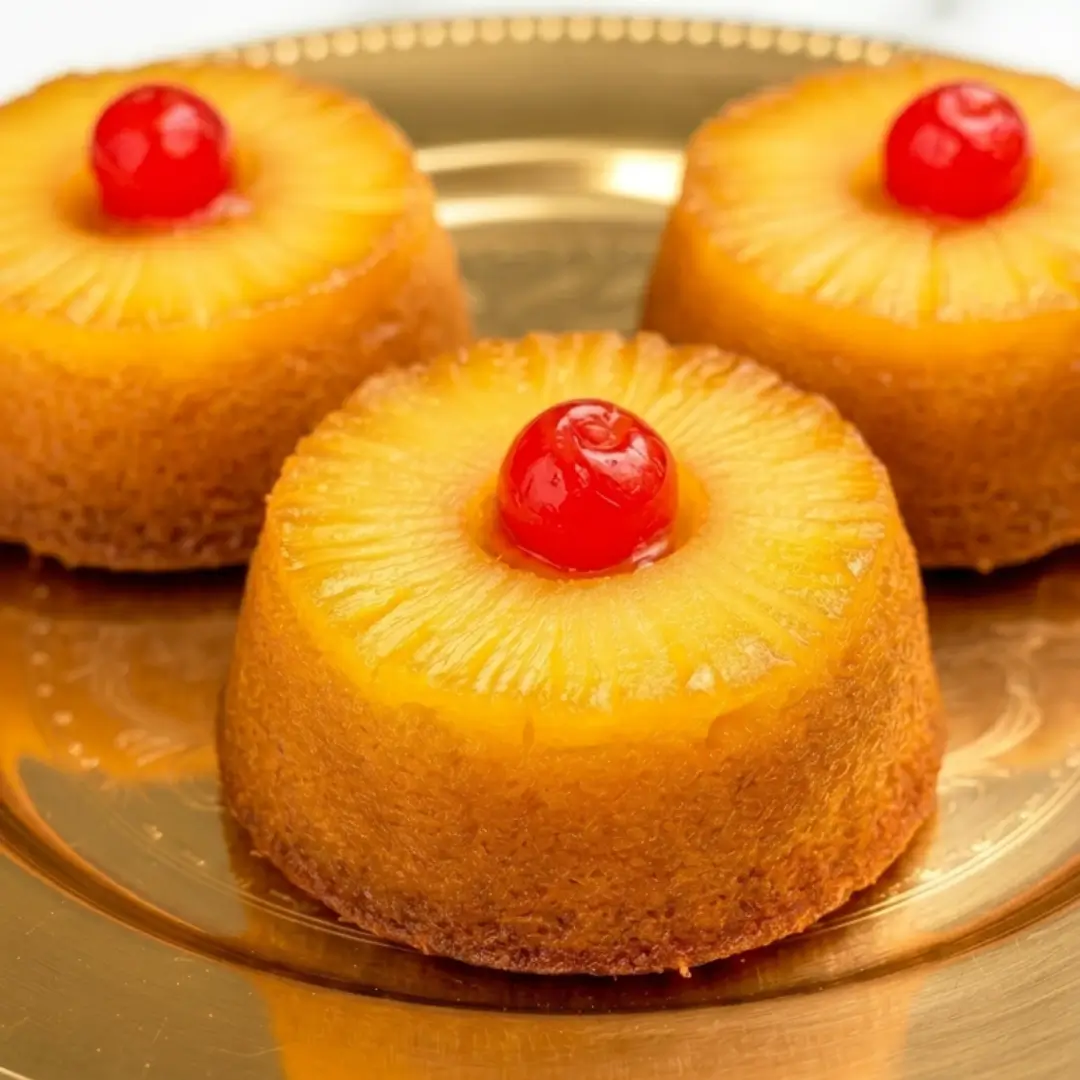Close up of three perfectly baked mini pineapple upside down cakes served on a decorative gold platter.